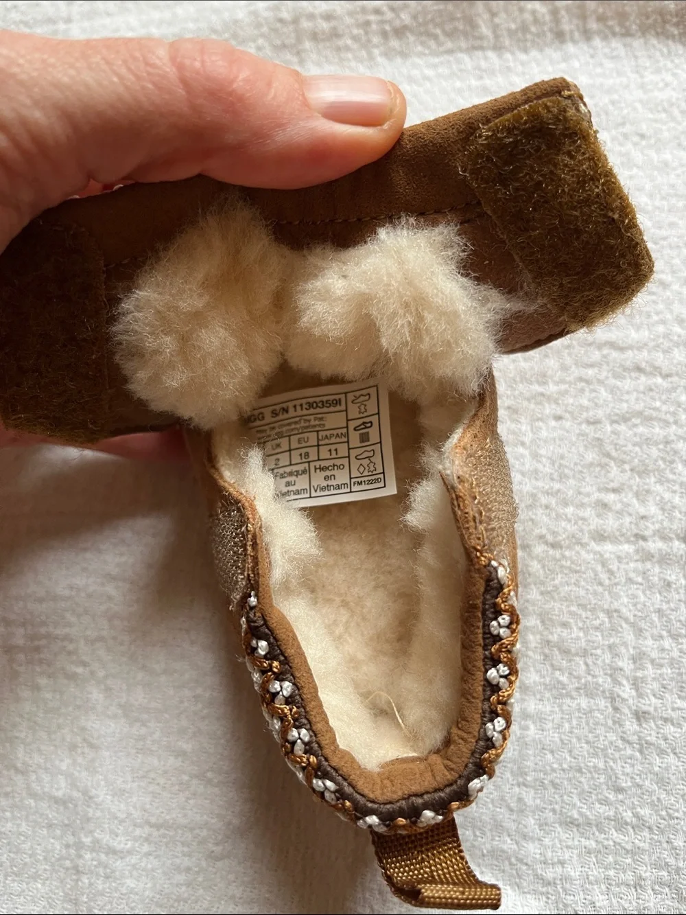 UGG Baby Chestnut Brown Suede Sheepskin Lined Slippers with Beaded Trim